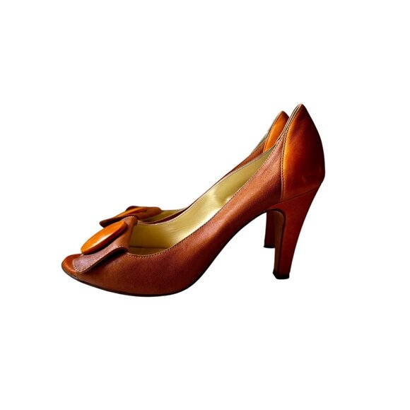Butter by Nancy Geist Italian Leather Peep Toe Heels Orange Button Detail Size 8 - Picture 5 of 9